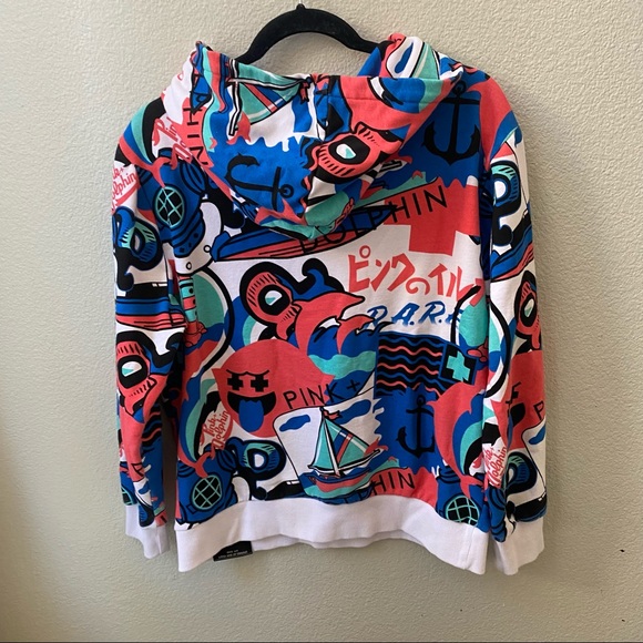 pink + dolphin graphic all over print hoodie sweatshirt womens medium - Picture 2 of 8